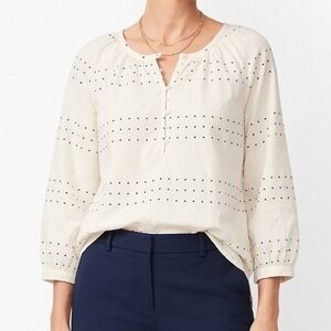 Talbots 100% Cotton Lined Peasant Shirt Cream Large Polka Dot Lightweight